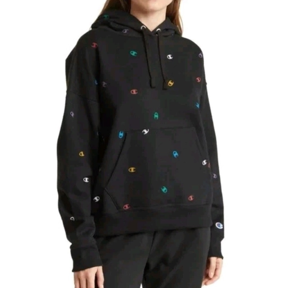 Champion Black Scattered Cs Multi Hoodie w/Kangaroo Pocket,‎ XL